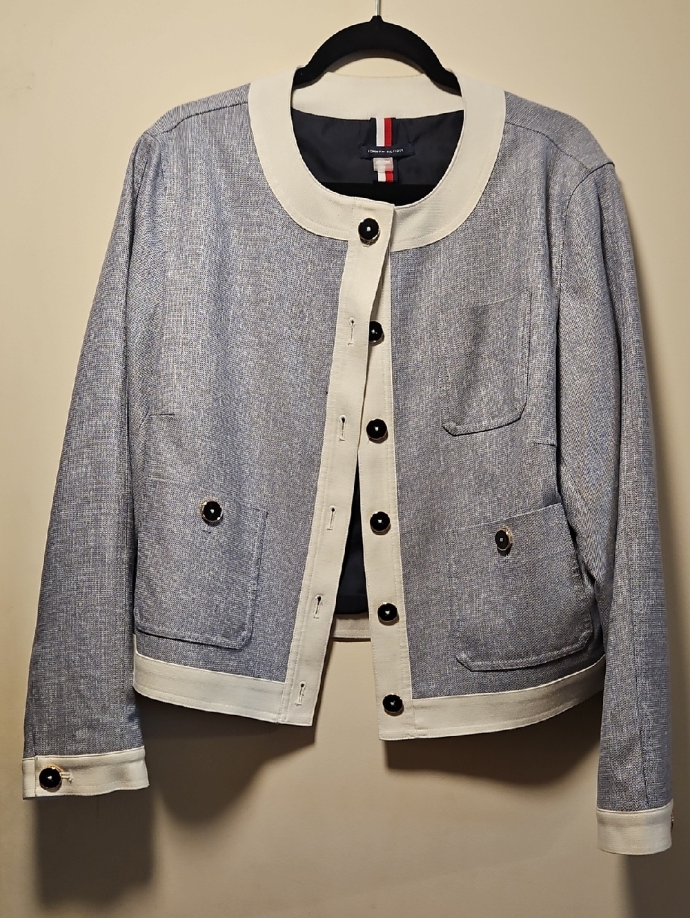 Tommy Hilfiger Light Blue and White Cropped Button Jacket